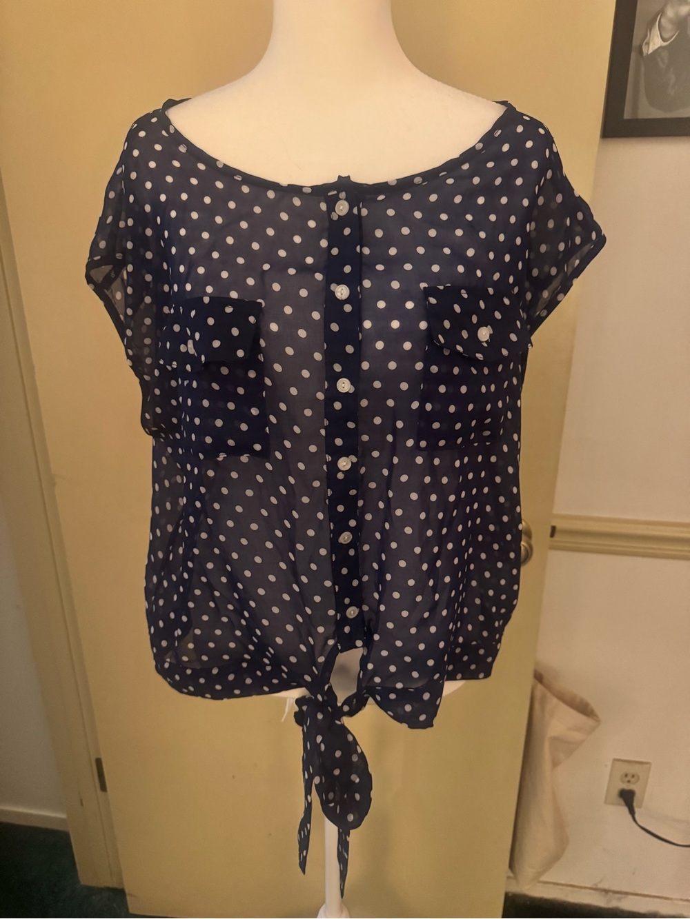 Women’s Navy Polka Dot Sheer Short Sleeve Tie-Front Top
